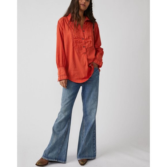 🎉LAST CHANCE🎉 NWT Free People Black Tie Tux Shirt / Tiger Red - Picture 5 of 6